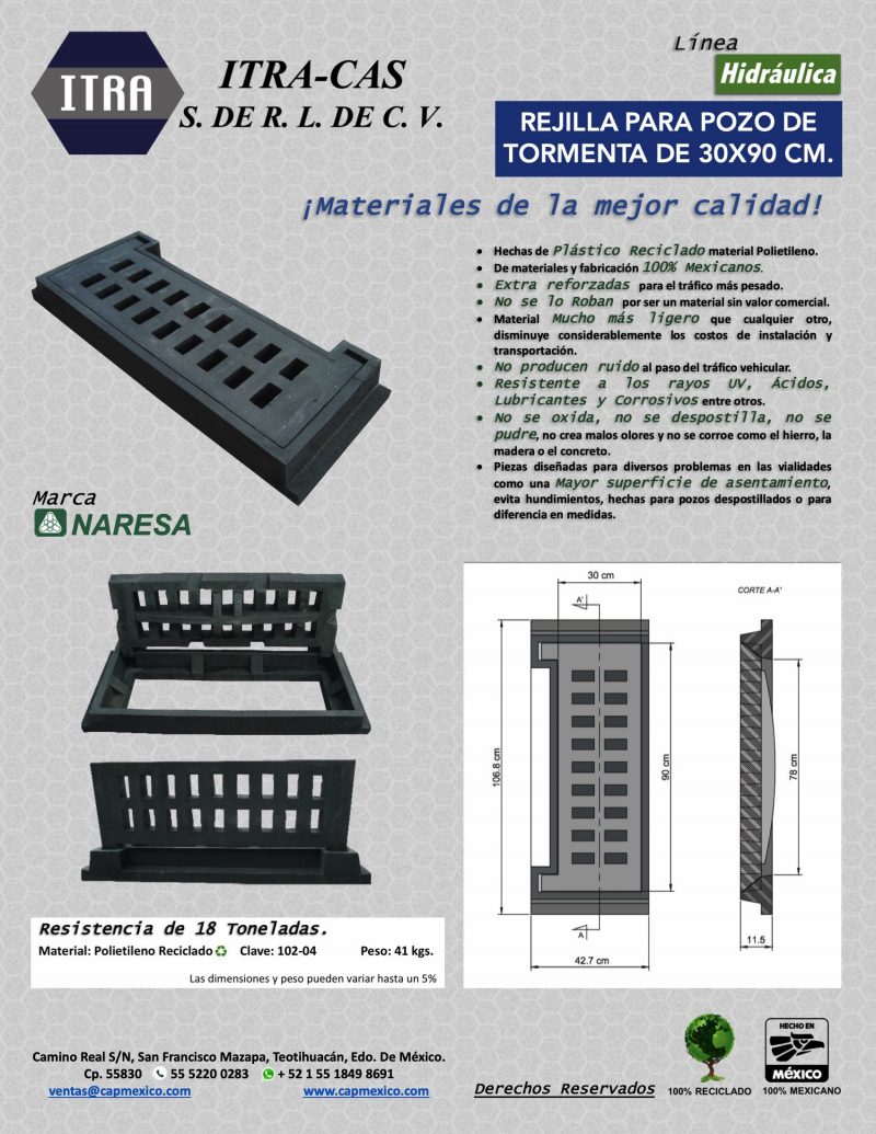 REJILLA PARA POZO DE TORMENTA DE 30X90 CM. - Cap Mexico
