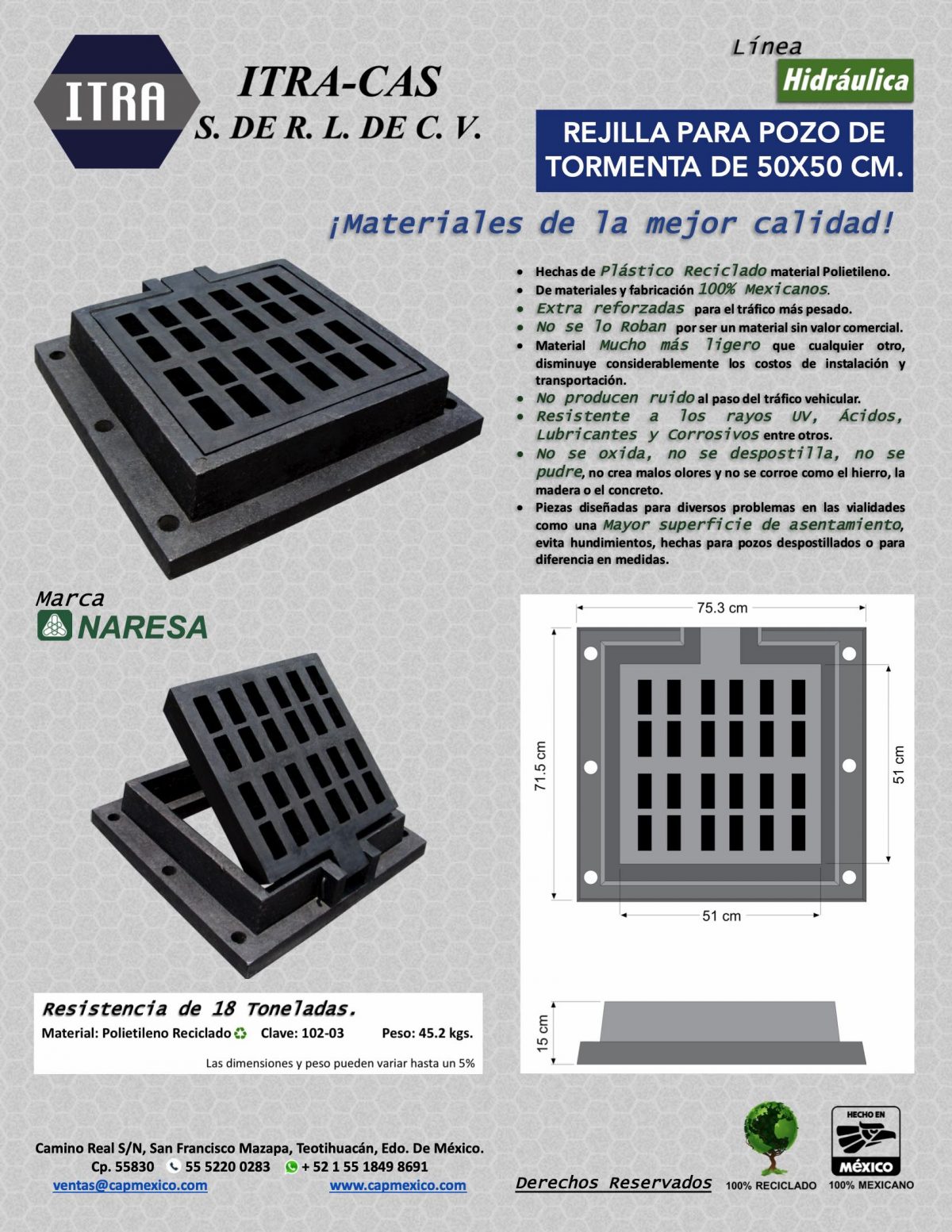 REJILLA PARA POZO DE TORMENTA DE 50X50 CM. - Cap Mexico